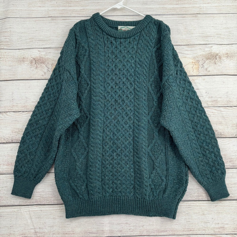 Aran Crafts Crew Neck Sweater Mens XXL Moss Green 100% Wool Cable Knit C1347 NEW